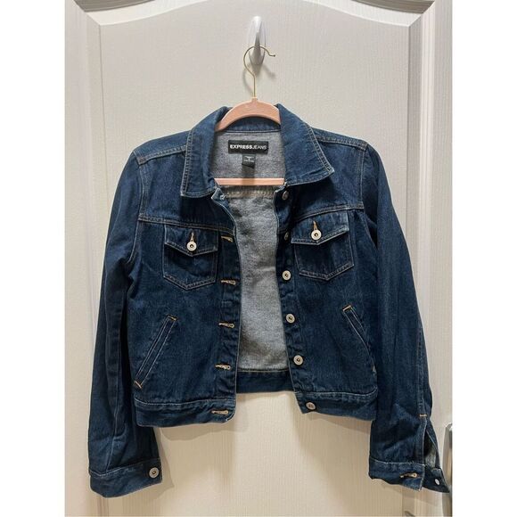 Express Women Stylish Modern Cropped Denim Jean Dark Wash Blue Jacket Size Small - Picture 1 of 3